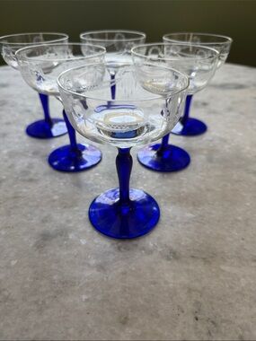 Vintage Rare Clear Etched Coupe Glasses with Cobalt Blue Stems - Set of 6